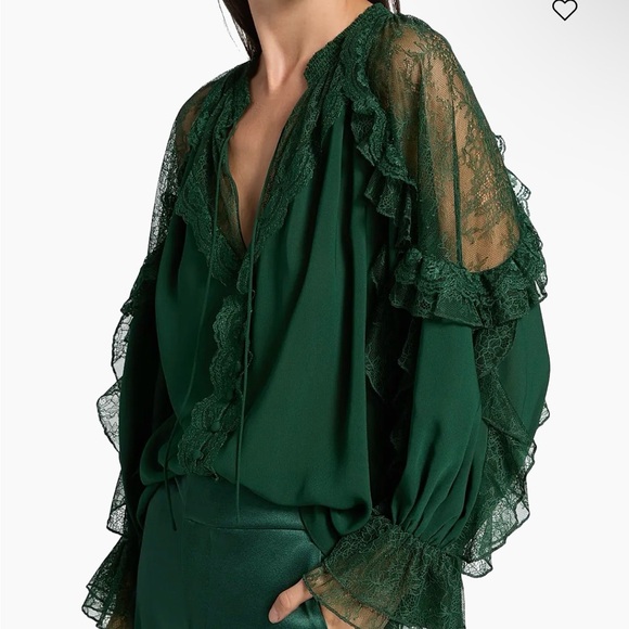 NWT $495 Alice + Olivia Dark Green Mystique cold shoulder  Blouse - Picture 5 of 6